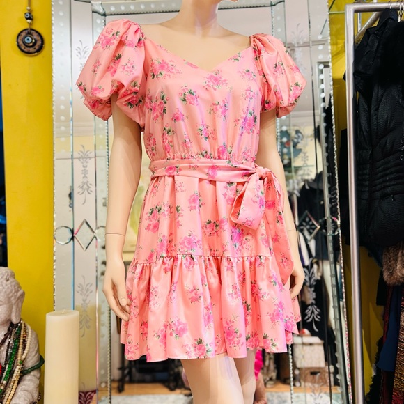 LoveShack Fancy Mini Floral Pink Dress Balloon Sleeves Size 6 - Picture 4 of 16